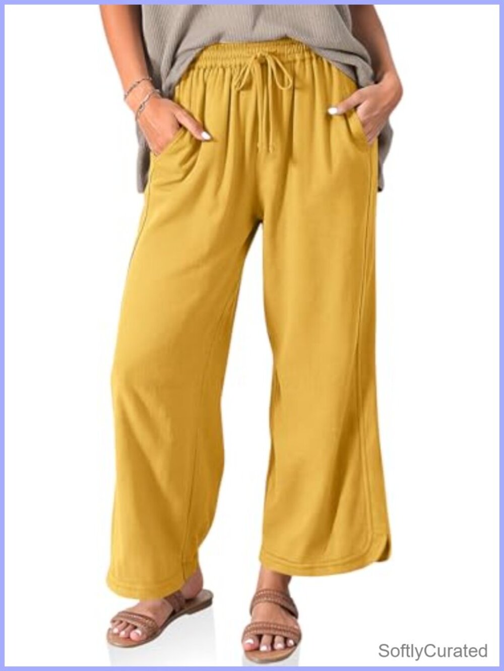 Womens Linen Wide Leg Pants Drawstring Waist Pockets Split Hem